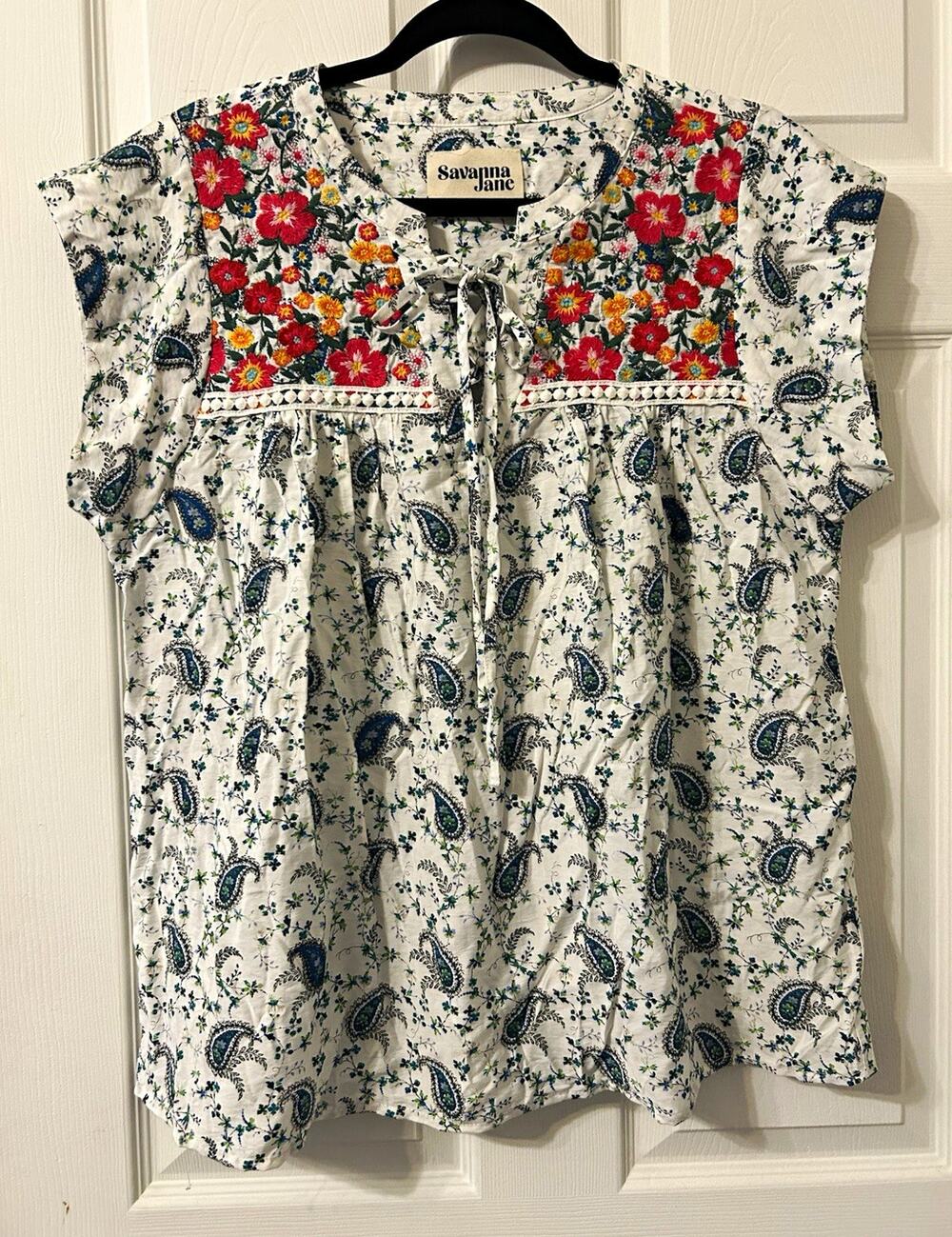 Savanna Jane Women's L Paisley Floral Embroidered Tie-Neck Peasant Blouse